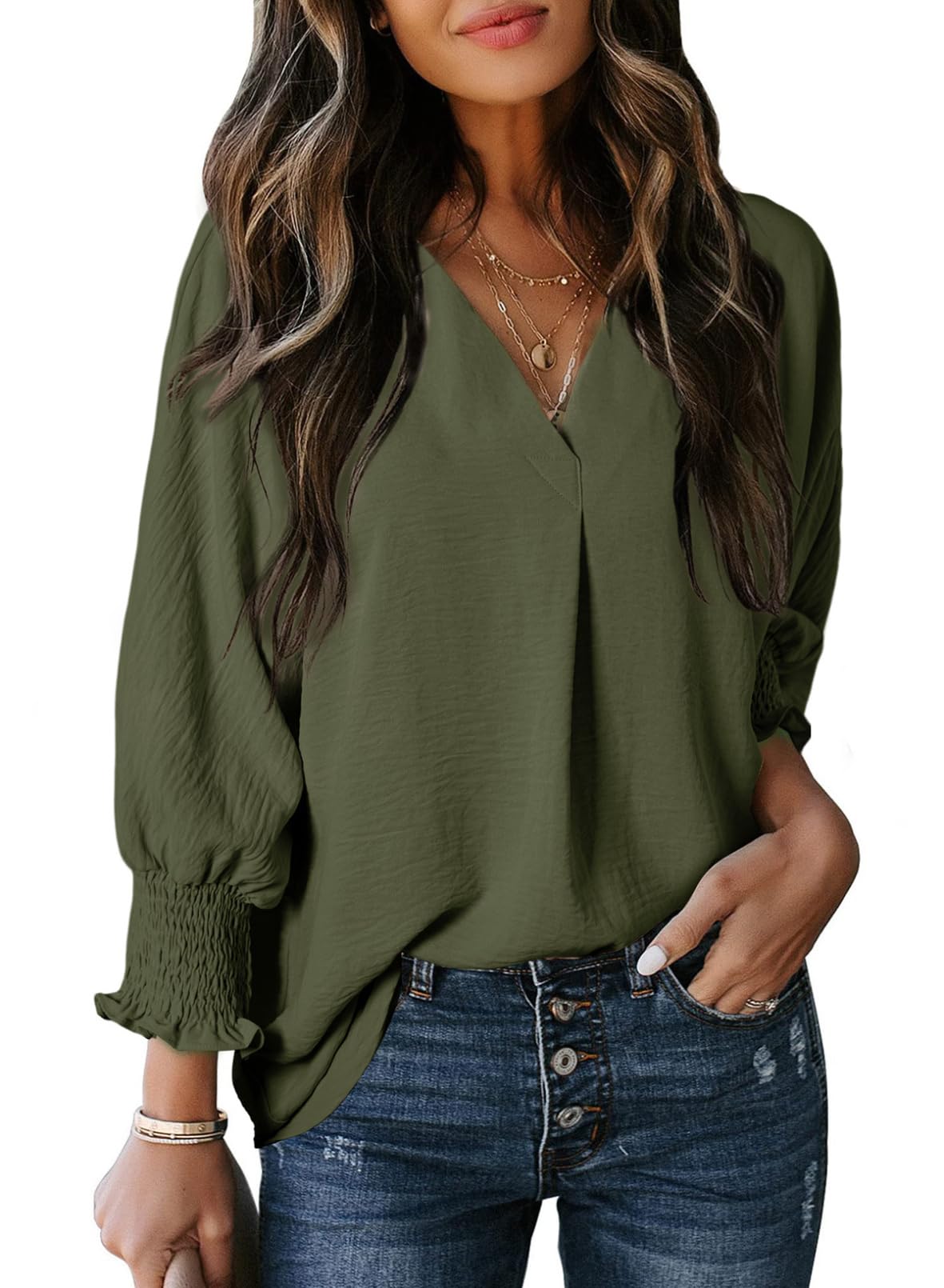 🔥Hot Sale-Womens Casual 3/4 Sleeve V Neck Loose Fit Basic Tees