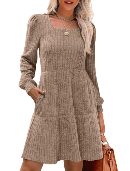 ✨Women's Square Neck Lantern Sleeve Ribbed Dress