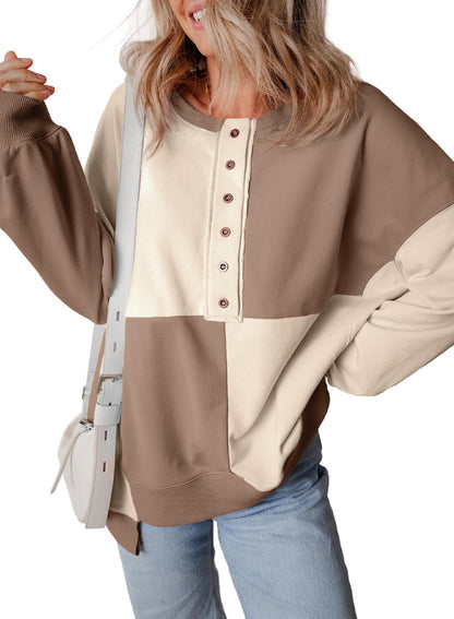 ⏰Hot Sale-Women's Casual Color Block Loose Button Henley Pullover Top
