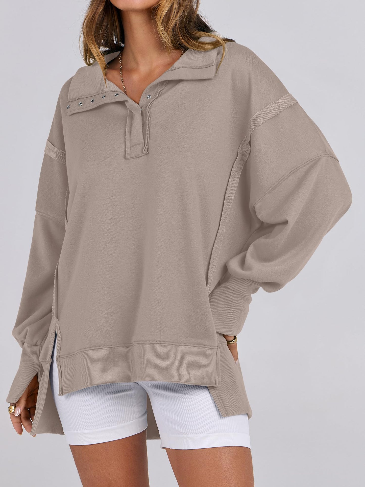 ✨Women's Oversized High Low Split Button Up Henley Pullover Top