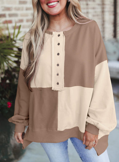 ⏰Hot Sale-Women's Casual Color Block Loose Button Henley Pullover Top