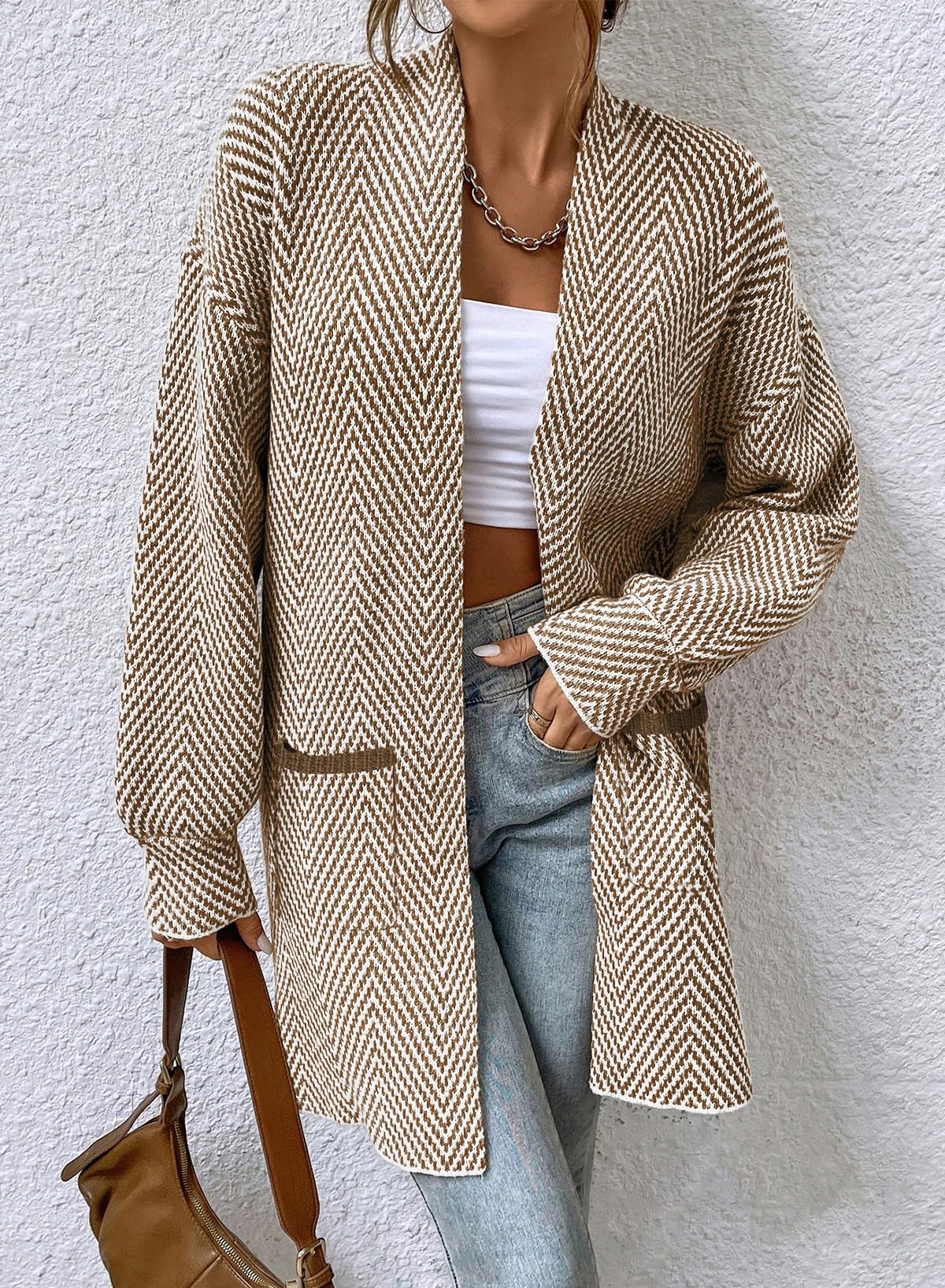 Women's Open Front Herringbone Cardigan Sweaters