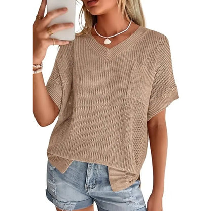 Women Loose V Neck Pocket Short Sleeve Knit Top