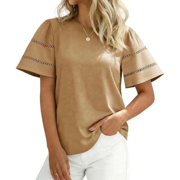 Round Neck Double Hollow Stripe Puff Short Sleeve Loose Basic Tee