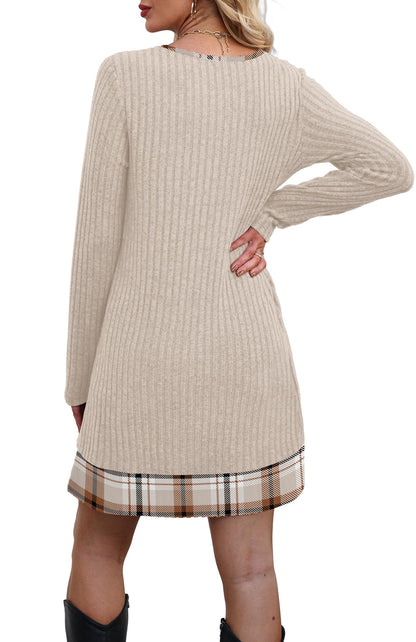 Women's Knit Textured Contrast Collar Tunic Dress