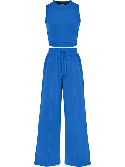Women Crew Neck Sleeveless Cropped Top Elastic Waist Wide Leg Pants 2 Piece Set