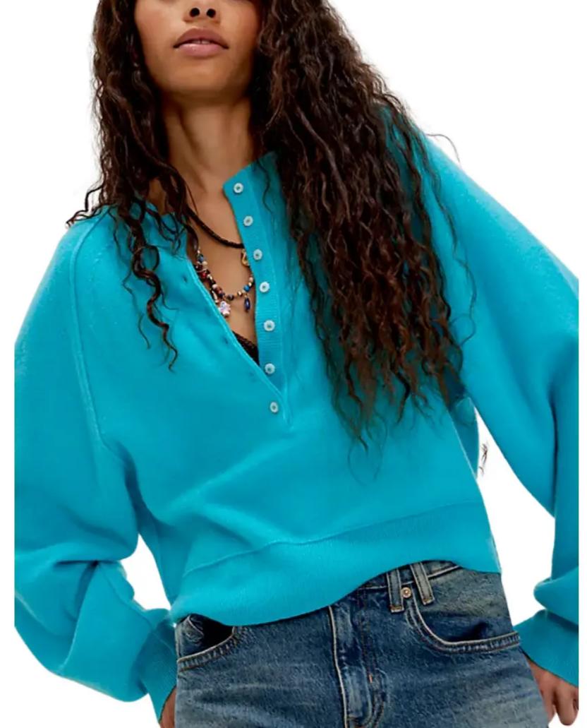 Women Raglan Sleeve Half Button Henley V Neck Soft Knit Long Sleeve Top