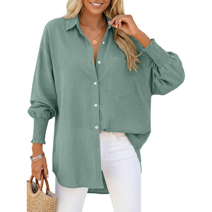 Women Loose Linen Blend Pocket Shirt with Smocked Elastic Cuffs