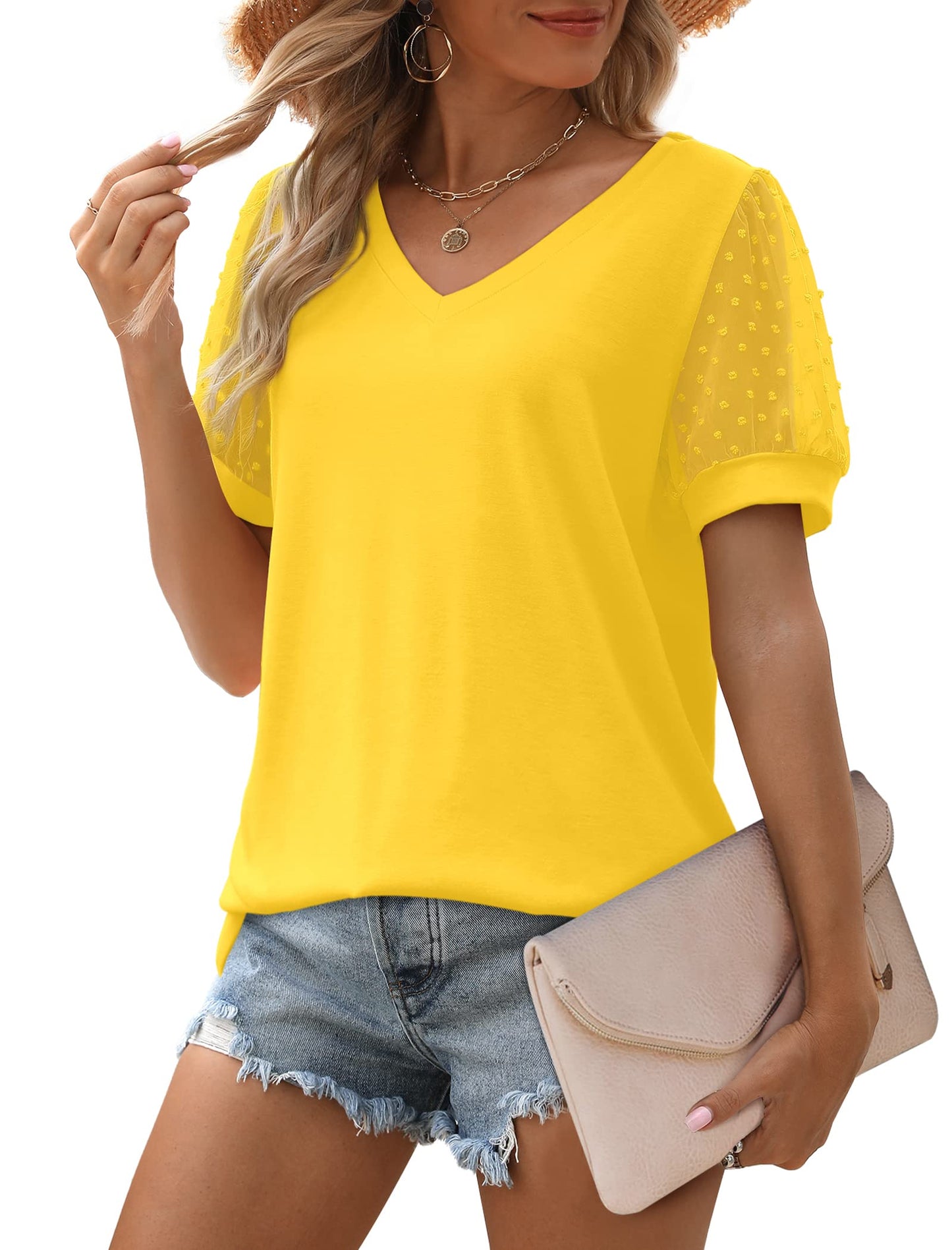 ✨New Women's Summer V Neck T Shirts Swiss Dot Puff Sleeve Tops