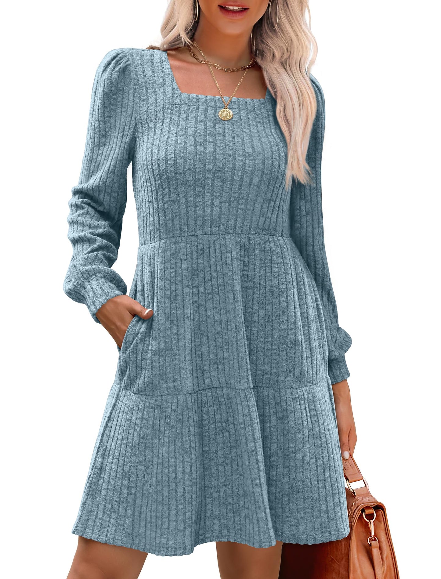 ✨Women's Square Neck Lantern Sleeve Ribbed Dress