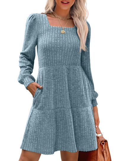 ✨Women's Square Neck Lantern Sleeve Ribbed Dress