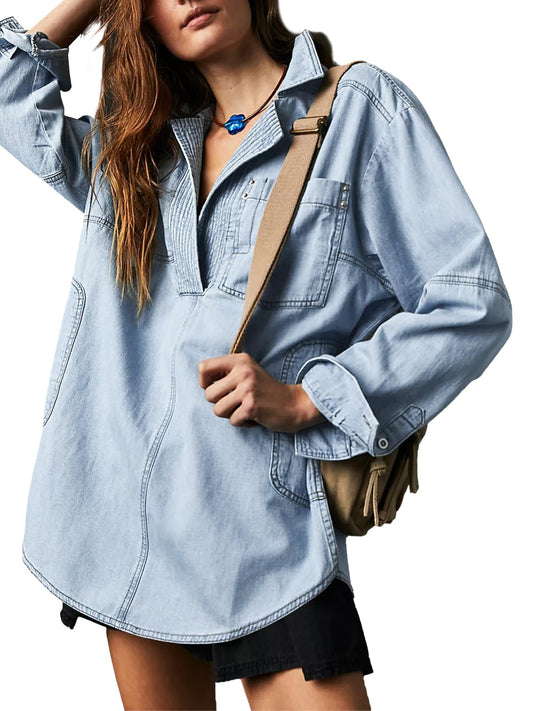 Women's Denim V-Neck Pullover Shirt (BUY 2 10% OFF)
