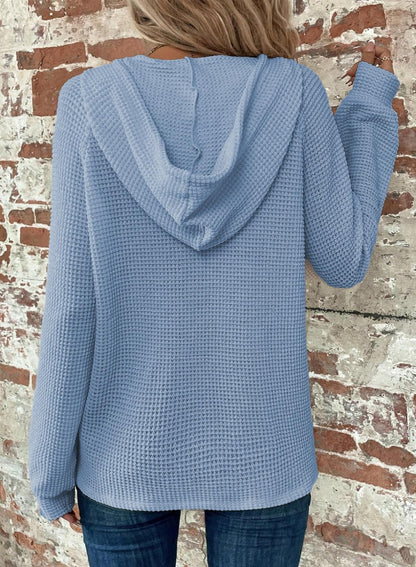Limited time sale 🔥Women's Waffle Knit Drawstring Button V Neck Hooded Sweatshirt