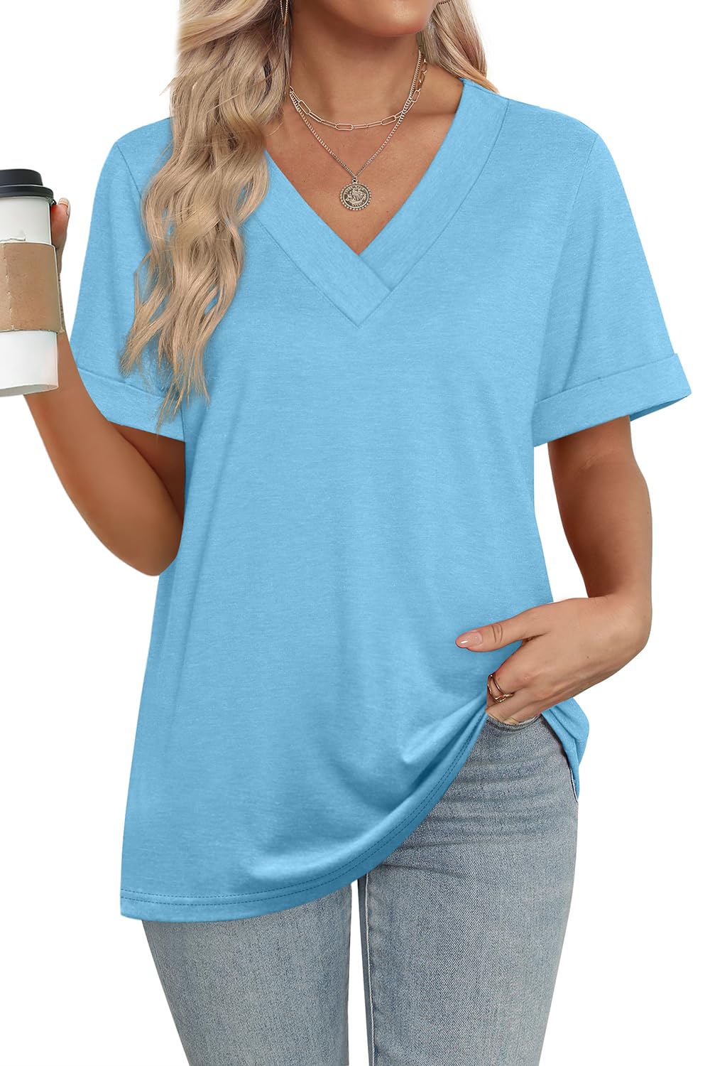 ✨women's Summer Tops Short Sleeve Basic Casual V Neck T Shirts