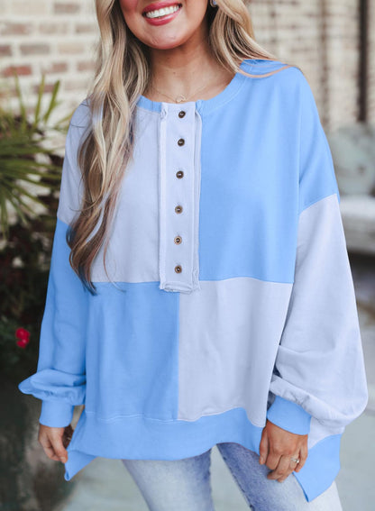 ⏰Hot Sale-Women's Casual Color Block Loose Button Henley Pullover Top