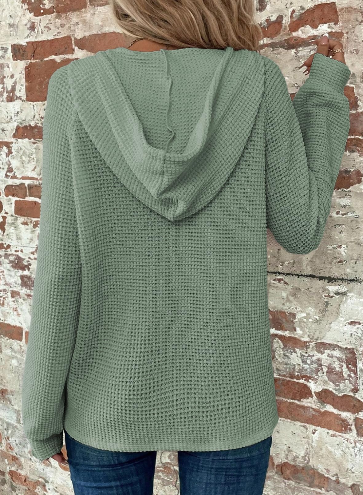 Limited time sale 🔥Women's Waffle Knit Drawstring Button V Neck Hooded Sweatshirt