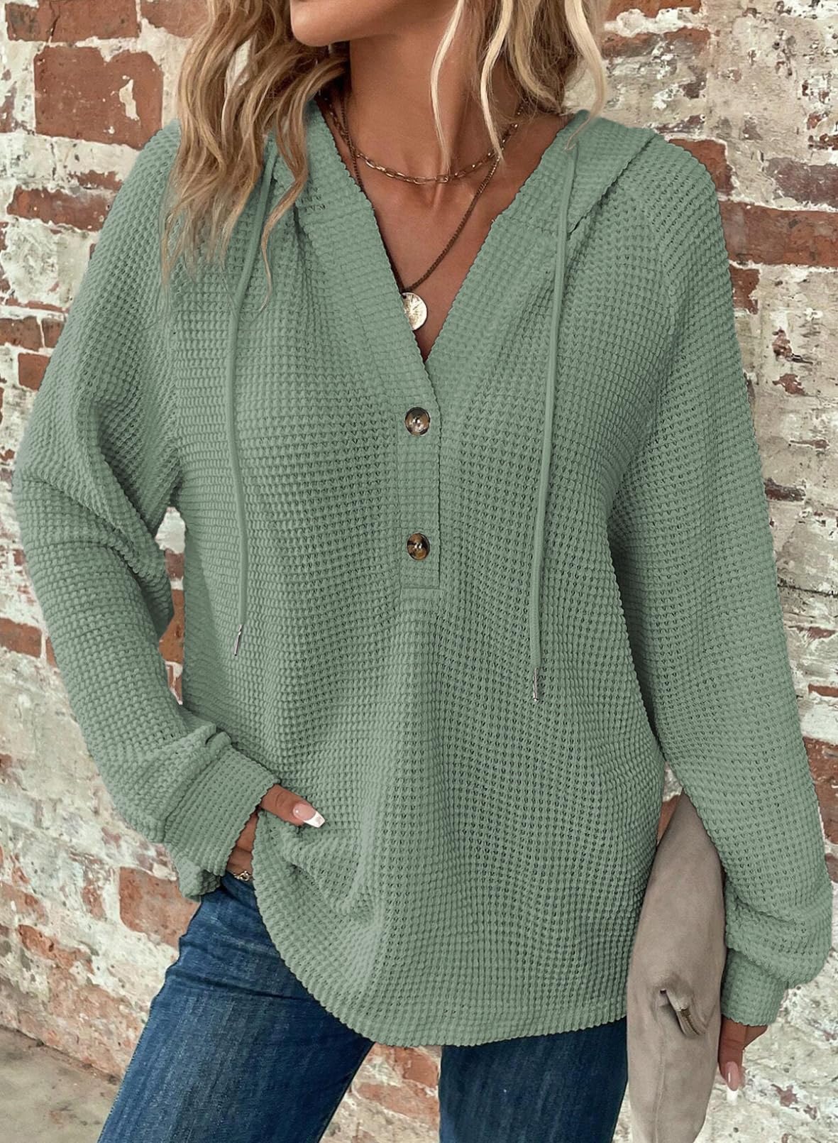 Women's Waffle Knit Drawstring Button V Neck Hooded Sweatshirt(buy 2 free shipping)