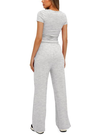 Women's Ruched Short Sleeve Tops and High Waisted Wide Leg Pants  Sets