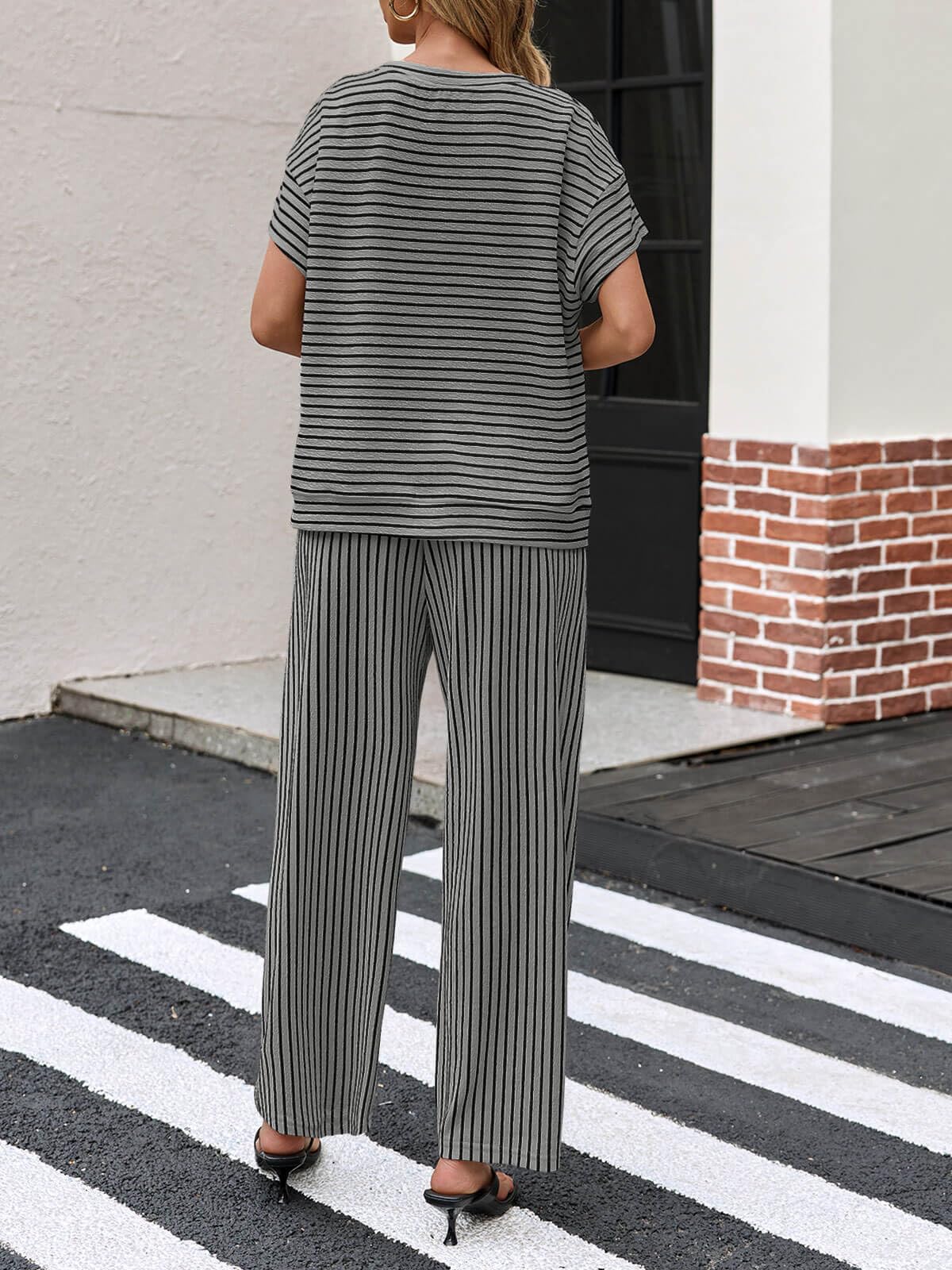 ⏰Hot Sale-Womens Striped 2 Piece Sets Short Sleeve T Shirts Wide Leg Pants with Pockets
