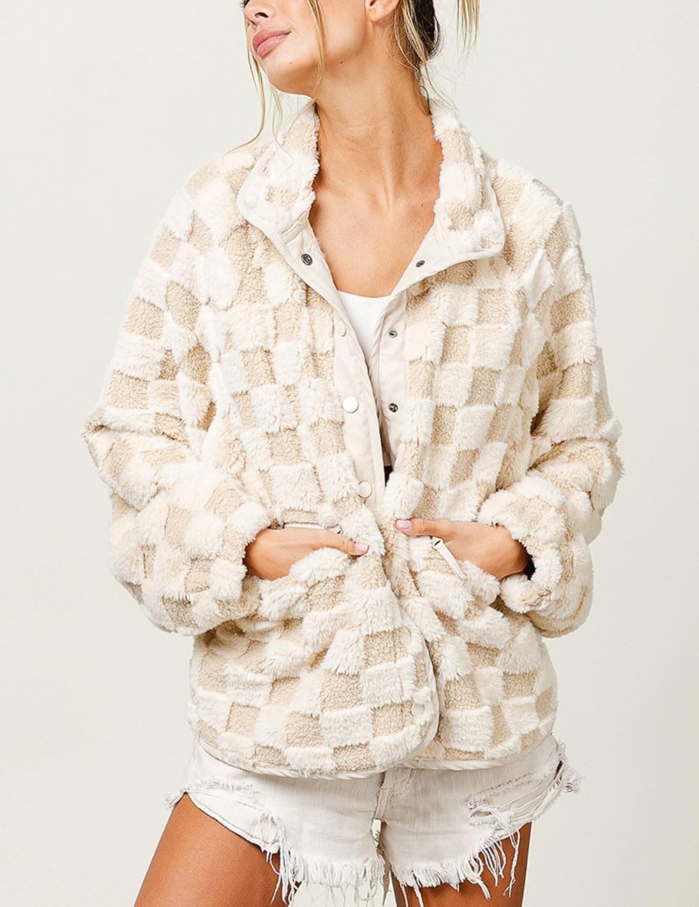 ✨Women Winter Casual Checkered Fleece Fuzzy Oversized Sherpa Jacket Shacket