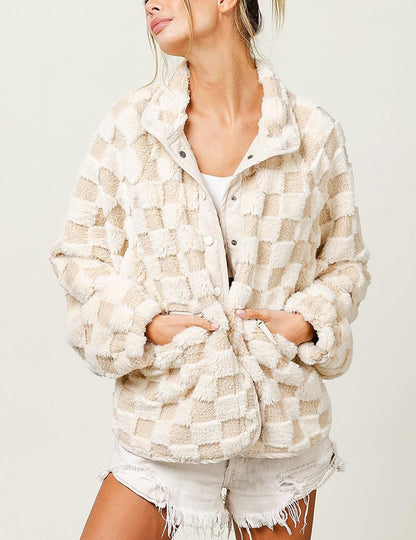 ✨Women Winter Casual Checkered Fleece Fuzzy Oversized Sherpa Jacket Shacket