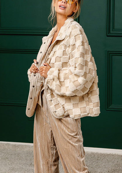 ✨Women Winter Casual Checkered Fleece Fuzzy Oversized Sherpa Jacket Shacket