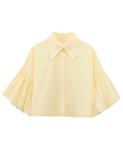✨Womens Cute Lantern Sleeve Collar Button Down Crop Tops