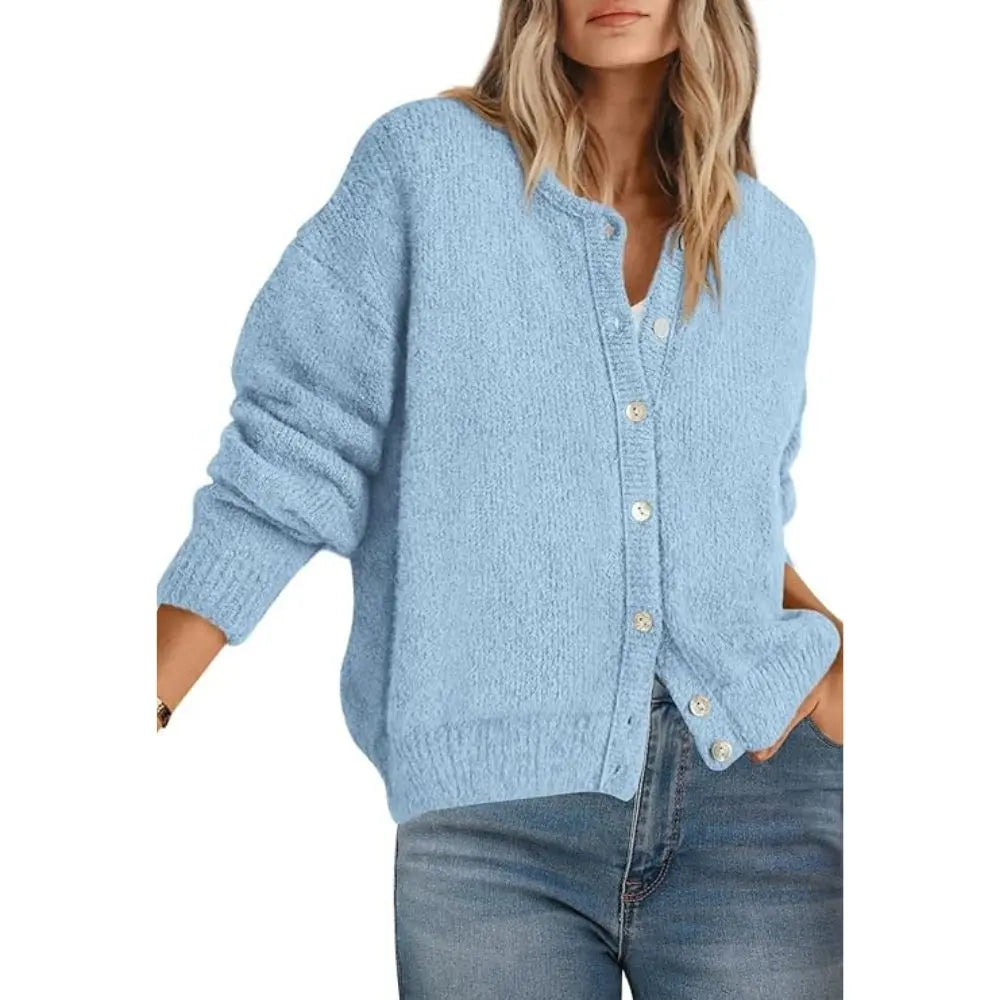 Round Neck Button Long Sleeve Knit Cardigan