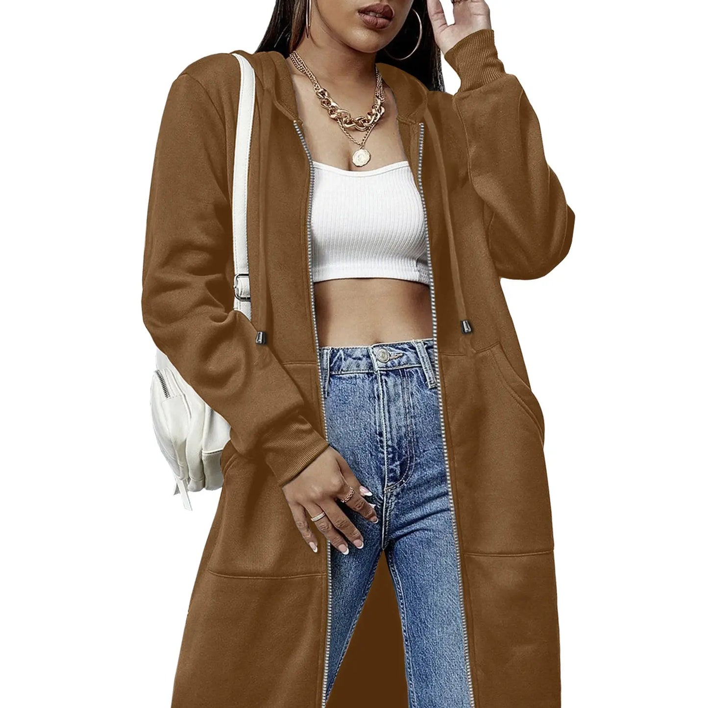 Women Oversized Full Zip Long Length Hooded Jacket with Side Pockets