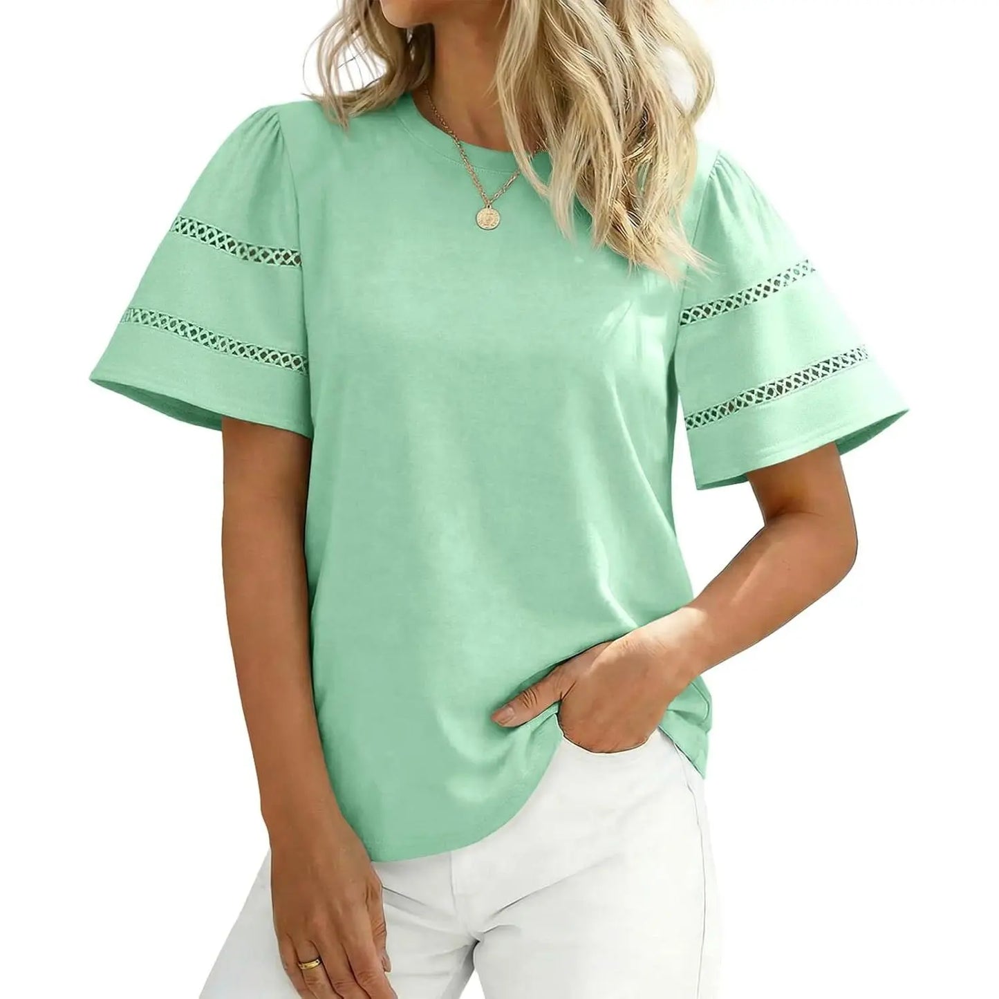 Round Neck Double Hollow Stripe Puff Short Sleeve Loose Basic Tee