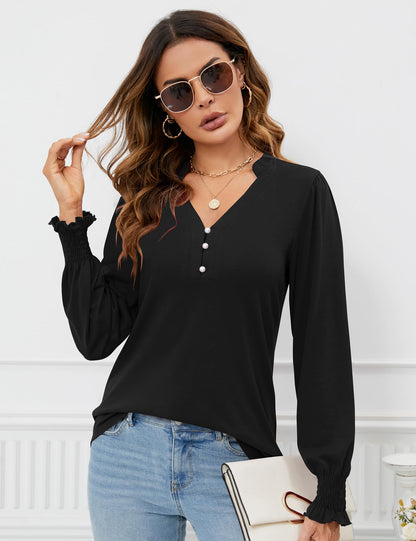 Womens V Neck Puff Long Sleeve Ruffle Cuffs Tunic Blouses