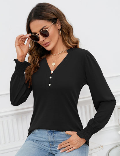Womens V Neck Puff Long Sleeve Ruffle Cuffs Tunic Blouses