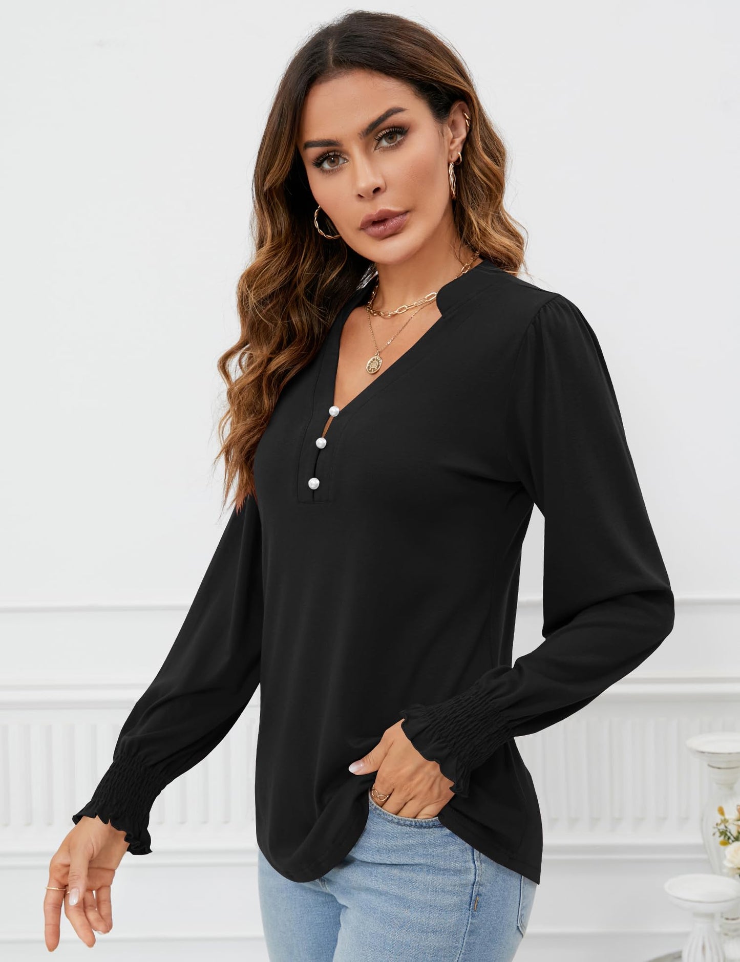 Womens V Neck Puff Long Sleeve Ruffle Cuffs Tunic Blouses