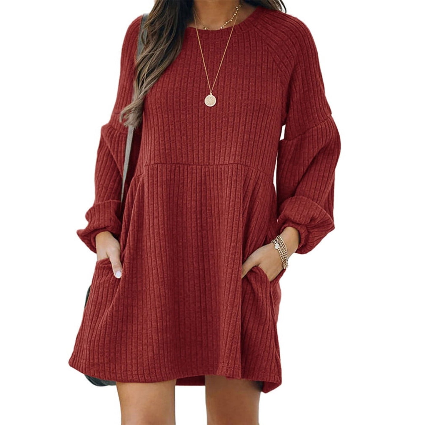 ✨Minimalist Chic Plain Textured Ribbed Pocket Bishop Sleeve Crewneck Dress