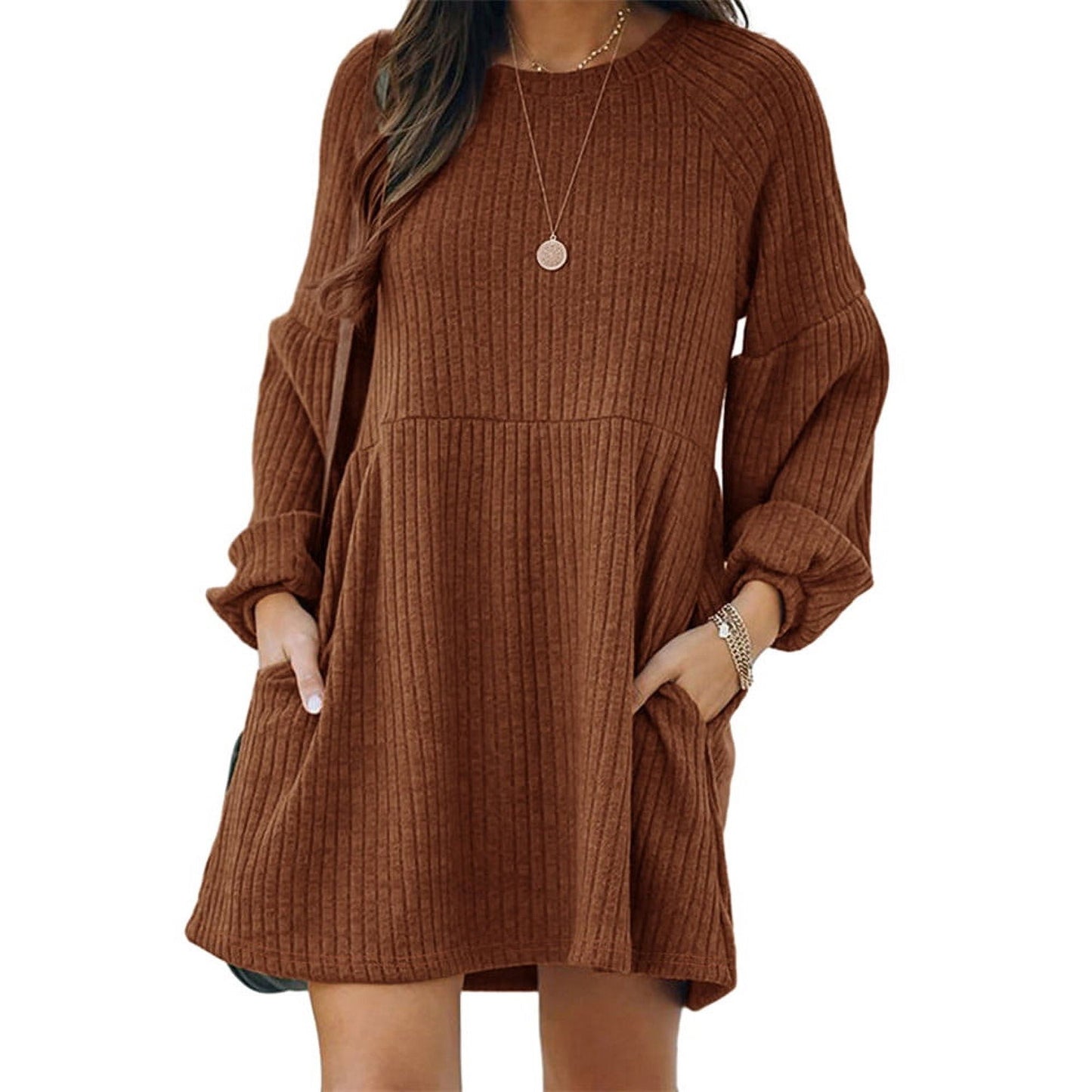✨Minimalist Chic Plain Textured Ribbed Pocket Bishop Sleeve Crewneck Dress