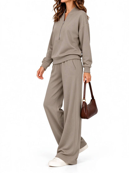 Women's Half Zip Long Sleeve Pullover & Wide Leg Pants 2-Piece Matching Set