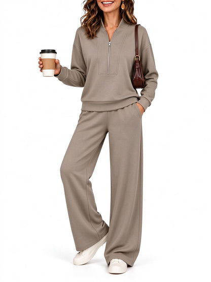Women's Half Zip Long Sleeve Pullover & Wide Leg Pants 2-Piece Matching Set