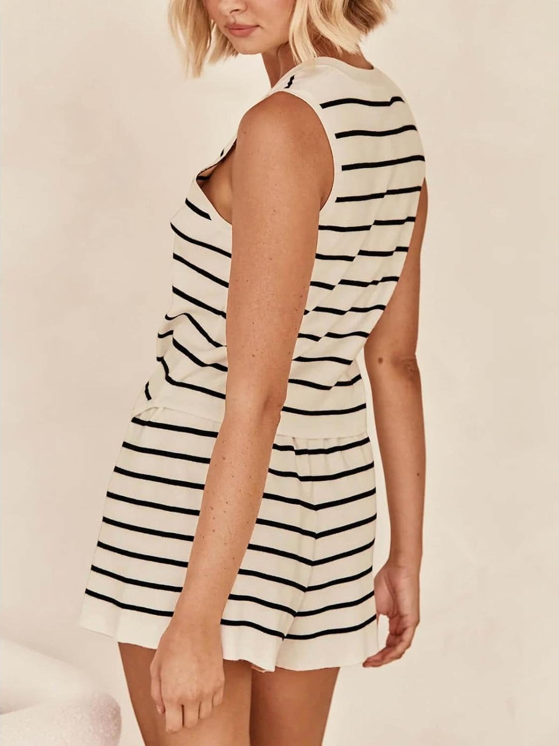 Women's Striped Knit V Neck Button Vest & Shorts 2 Piece Lounge Set