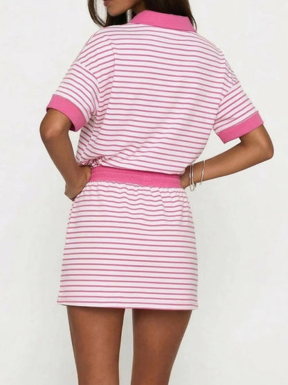 Women's Striped V-Neck Polo Top & Built-in Short Skort 2 Piece Lounge Set