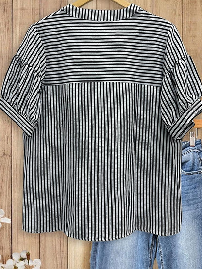 Women's Striped Half Button Yoke Gathered Puff Short Sleeve Blouse