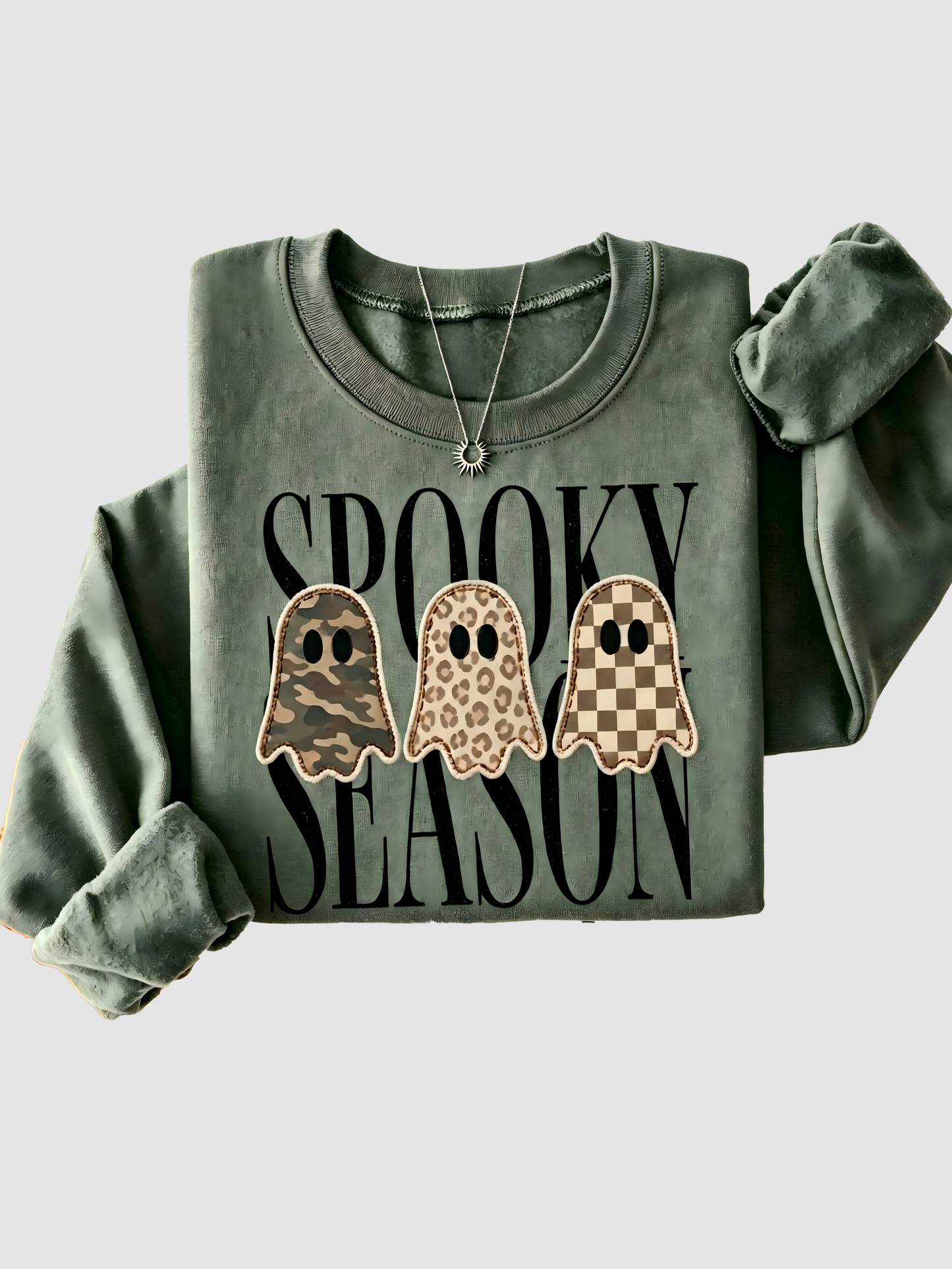 Cute Ghost Patch Letter Fleece Crew Neck Sweatshirt