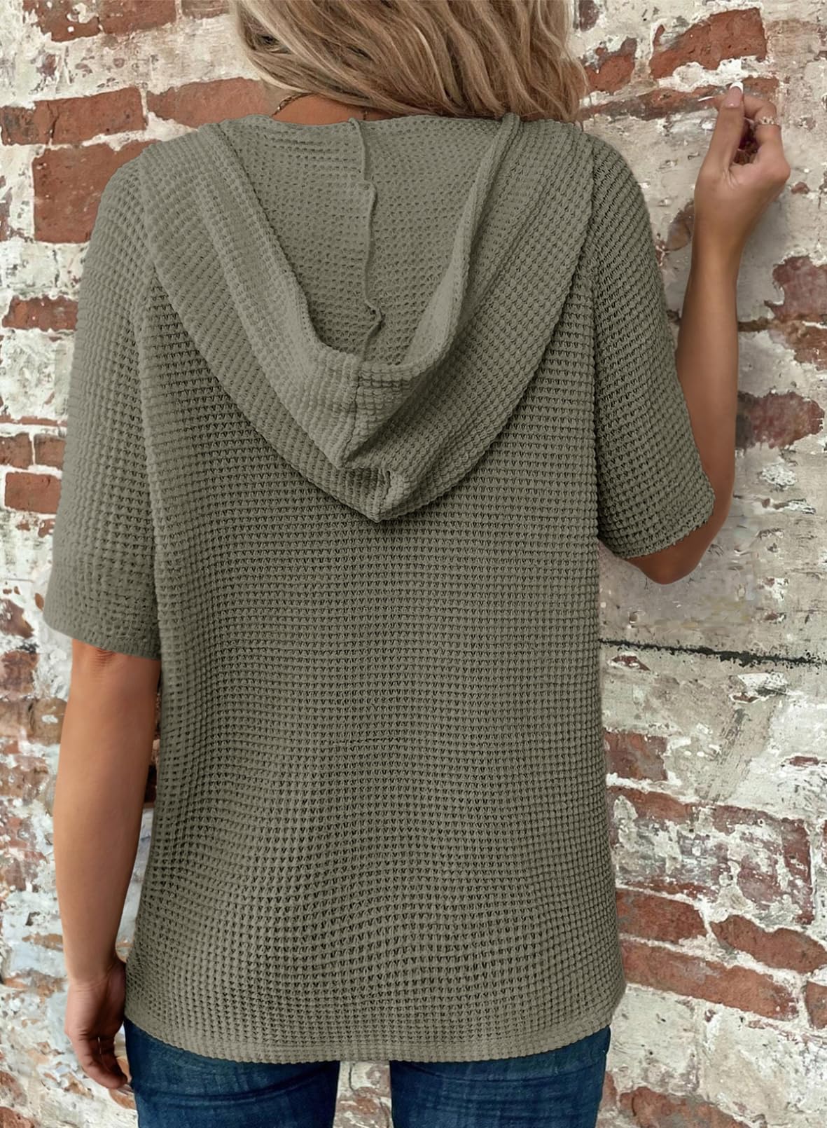 ✨Women's Waffle Knit Button V Neck Short Sleeve Lightweight Drawstring Hoodies(BUY 2 10% off)