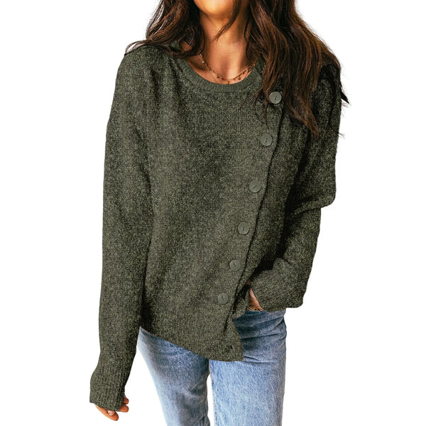 Women Long Sleeve Crew Neck Asymmetric Diagonal Button Knit Top