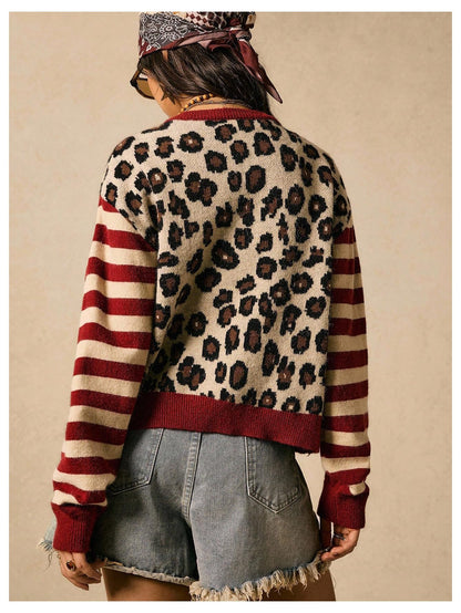 Women's Striped Leopard Print Button Down Crew Neck Knitted Cardigan Sweaters