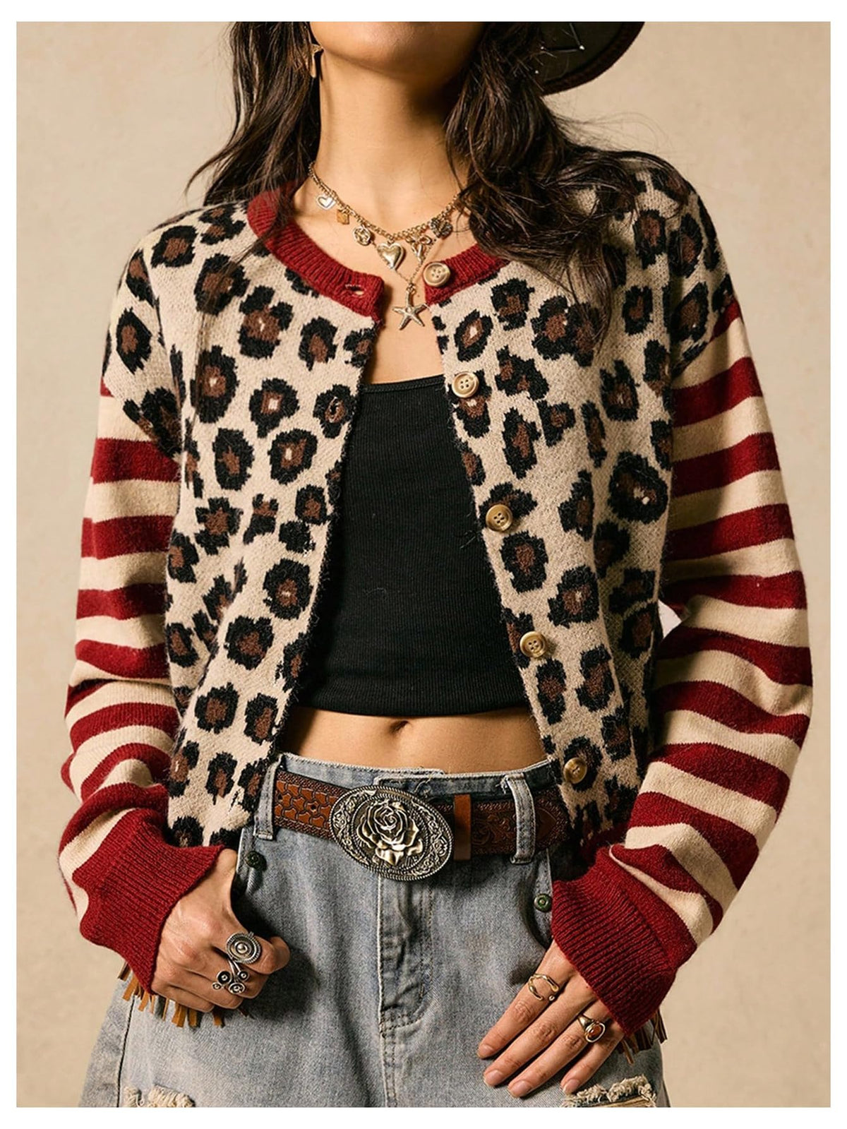 Women's Striped Leopard Print Button Down Crew Neck Knitted Cardigan Sweaters