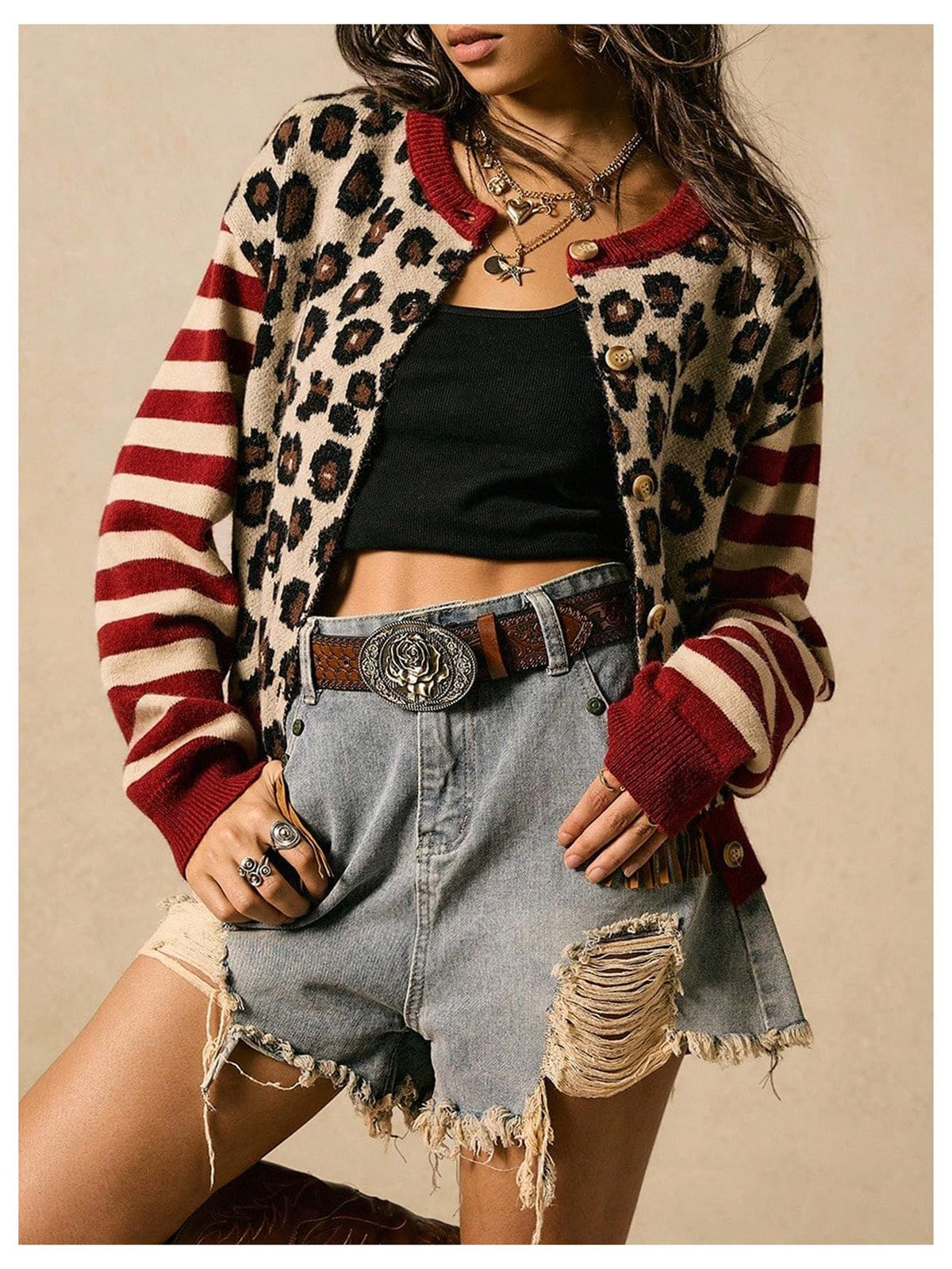 Women's Striped Leopard Print Button Down Crew Neck Knitted Cardigan Sweaters