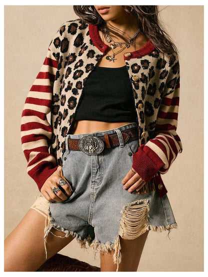 Women's Striped Leopard Print Button Down Crew Neck Knitted Cardigan Sweaters