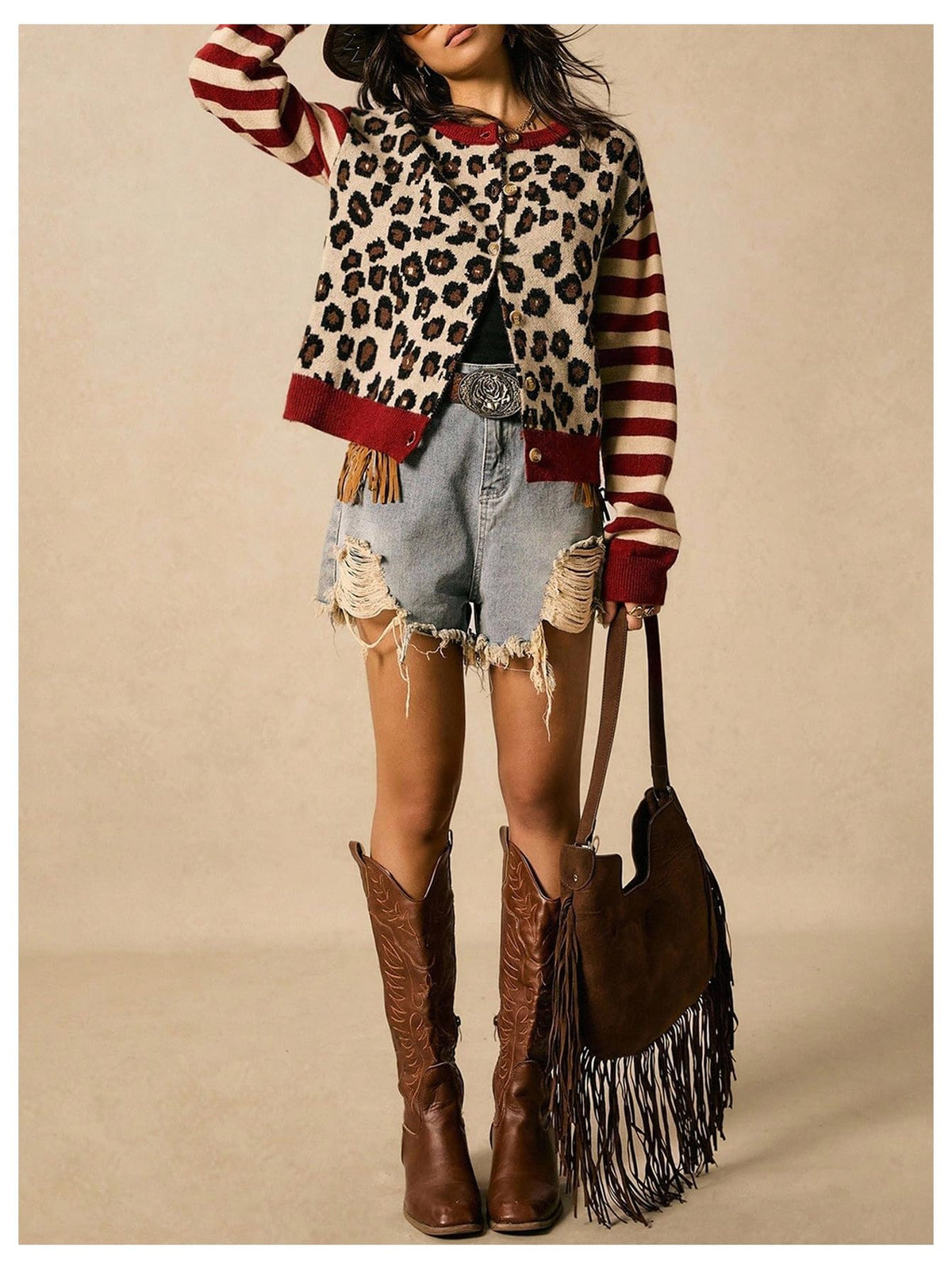 Women's Striped Leopard Print Button Down Crew Neck Knitted Cardigan Sweaters