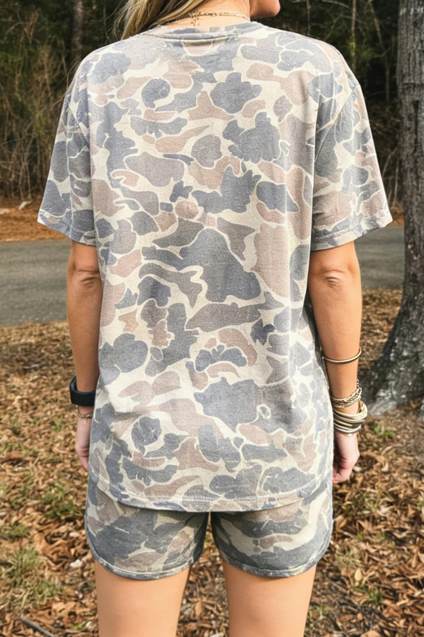 Women's Camo Short Sleeve T-Shirt and High Waist Drawstring Shorts Loungewear