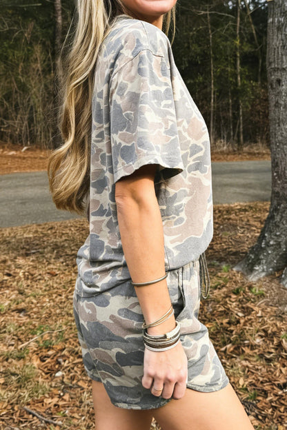 Women's Camo Short Sleeve T-Shirt and High Waist Drawstring Shorts Loungewear